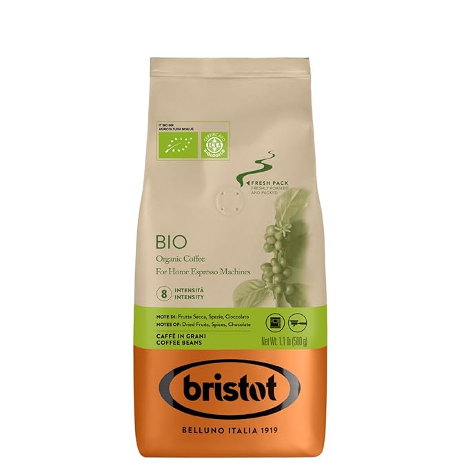 Bristot Bio Organic Italian Whole Espresso Beans – Medium Roast Coffee – Smooth & Aromatic with Notes of Spices, Caramel & Sandalwood – 1.1 lb (500 g)