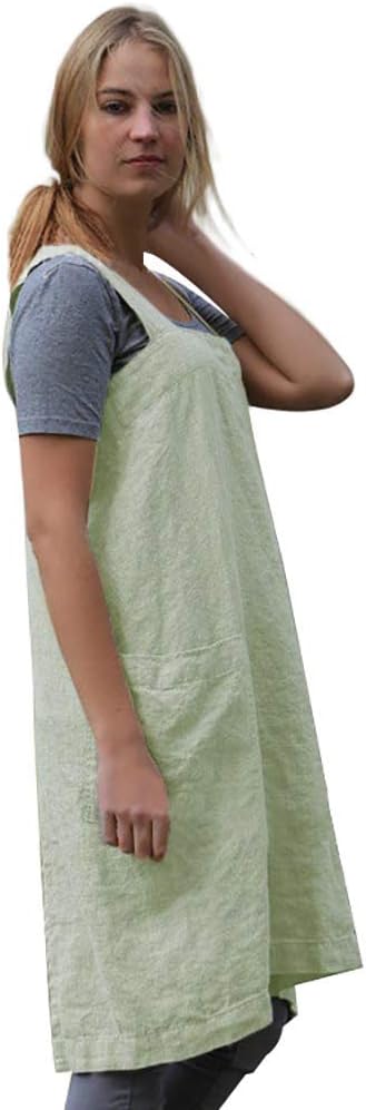 Women's Pinafore Square Apron Baking Cooking Gardening Works Cross Back Cotton/Linen Blend Dress with 2 Pockets