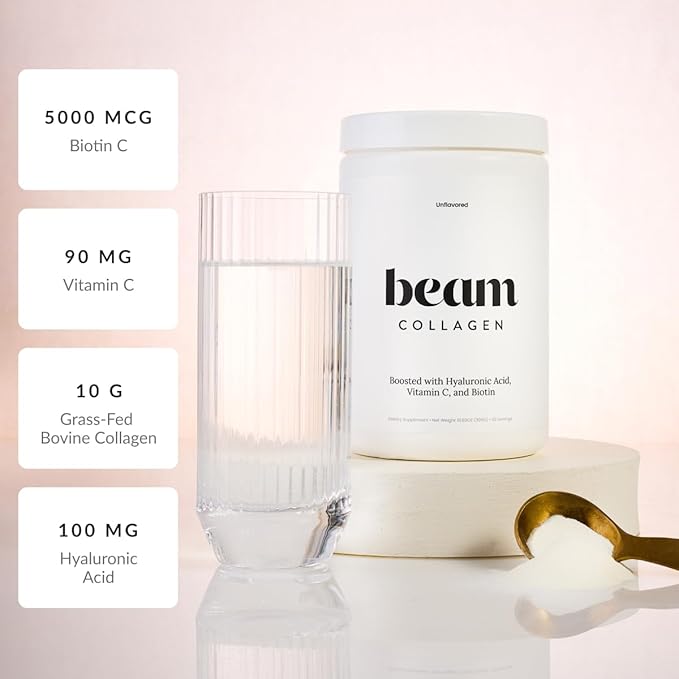 Beam Collagen Powder, Collagen for Women, Collagen with Hyaluronic Acid, Collagen Peptides Type 1 and 3, with Biotin, Grass Fed Bovine, Third-Party Tested, Best for Coffee, Vitamin C, 15 Servings
