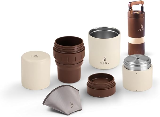 Nest Pour Over Coffee Kit + Java G25 Grinder Gift Set, Contains Two 10 Oz Mugs, Splash Proof Lid, Pour Over Coffee Dripper, Java G25 Grinder and Storage Connector, Cream