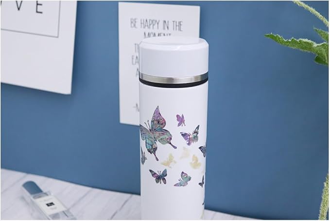 Mother of Pearl Design Stainless Steel Water Bottle with Tea Infuser Strainer 17 oz Leakproof Screw Cap Wide Mouth Double Wall Vacuum Insulated Travel Sport Water Flask Thermo Mug (Butterfly White)