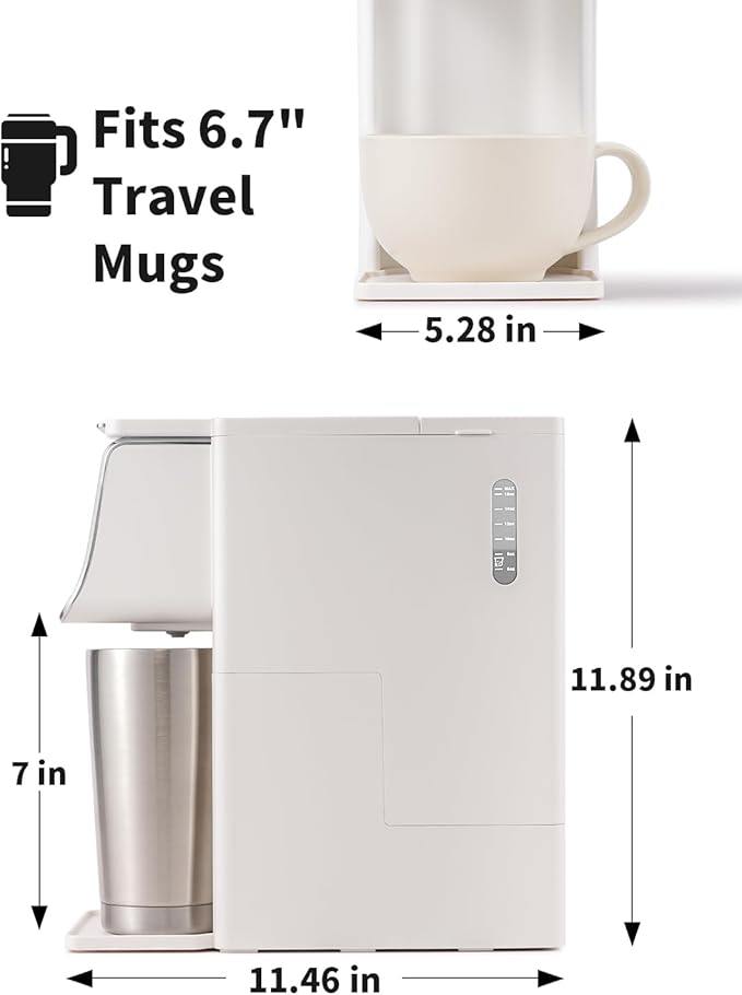 Hot & Iced Coffee Maker for K-Cups & Ground Coffee, Single-Serve Brewer with Bold Setting, Reusable Filter, Travel Mug Friendly, Compact & Quick Brew, White