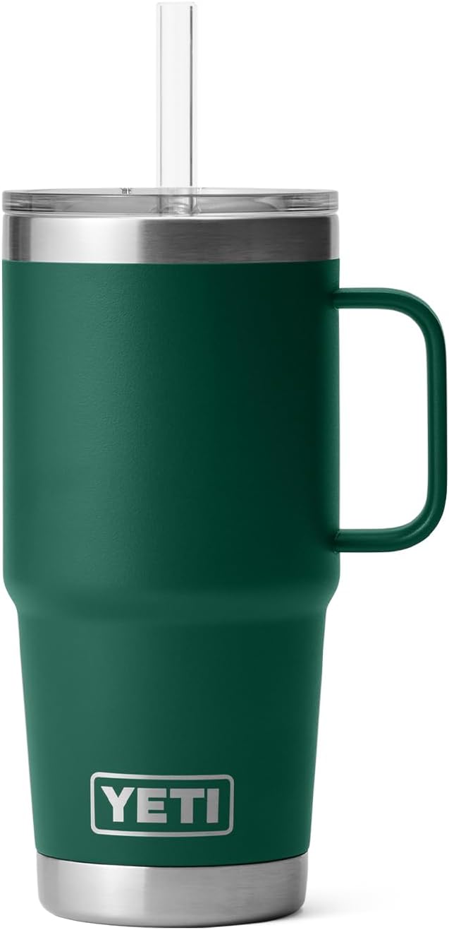 YETI Rambler 25 oz Tumbler with Handle and Straw Lid, Travel Mug Water Tumbler, Vacuum Insulated Cup with Handle, Stainless Steel, Black Forest Green