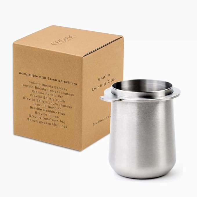 Crema Coffee Products | 54mm Dosing Cup | Brushed Silver | 100% Stainless Steel | Espresso Coffee Dosing Cup | Fits 54mm Breville Portafilters