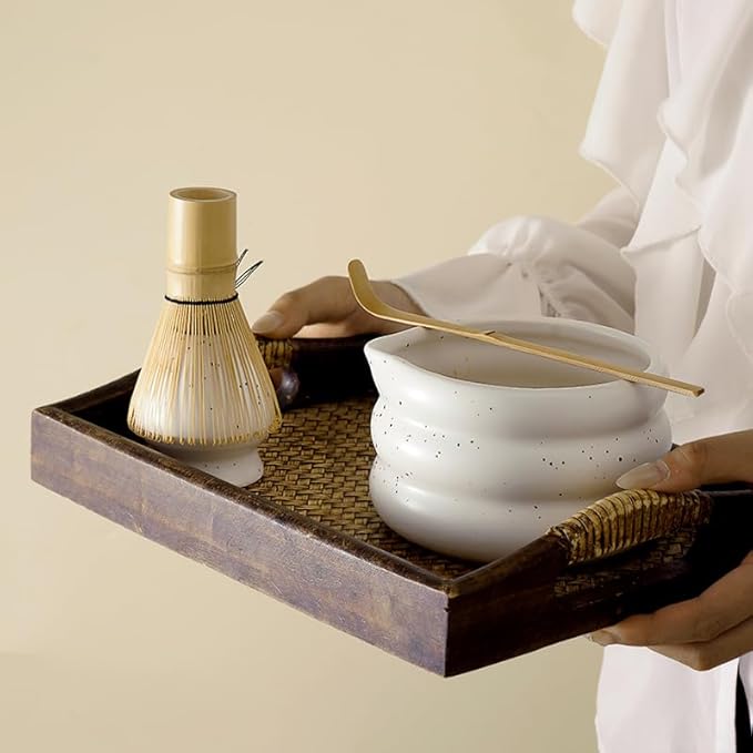 7-piece matcha kit includes matcha bowl. white speckled matcha tea set with bamboo whisk -, sifter, scoop, stainless steel filter, tea caddy, cloth & gift box - for matcha green (4)
