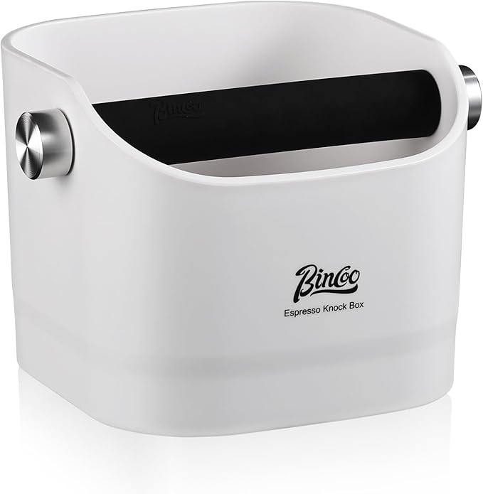 Espresso Knock Box - Bincoo Espresso Machine Knock Box/Espresso Grounds Knock Box, Barista Style Coffee Knock Box for Grounds with Removable Shock-Absorbent Knock Bar and Anti-Slip Base. (White)