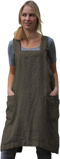 Women's Pinafore Square Apron Baking Cooking Gardening Works Cross Back Cotton/Linen Blend Dress with 2 Pockets