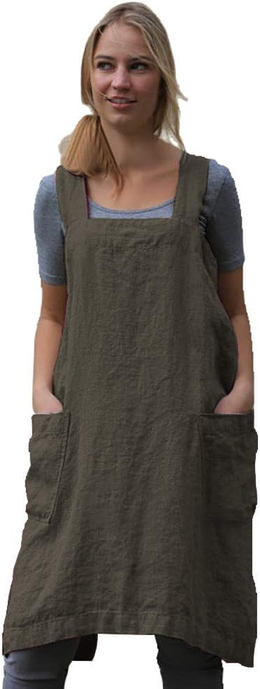 Women's Pinafore Square Apron Baking Cooking Gardening Works Cross Back Cotton/Linen Blend Dress with 2 Pockets