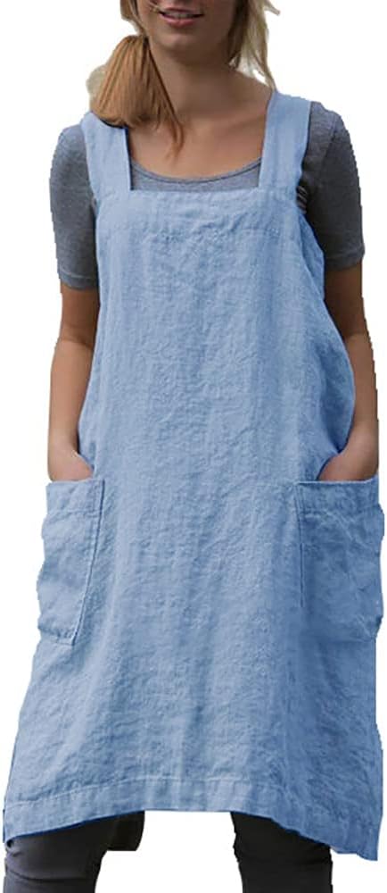 YESDOOD Apron for Womens Cotton Linen Apron Cross Back with Pockets Pinafore Dress for Cooking