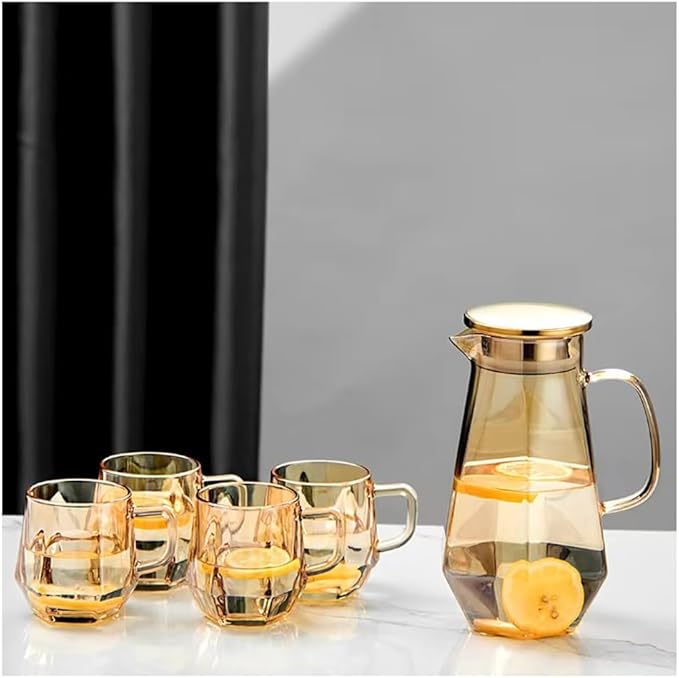 1.7 Liter/58oz Glass Pitcher with Lid Water Carafe Jug with Spout Handle for Hot/Cold Water Tea Beverage (Gold 5-Pcs/Set)