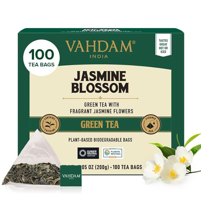 VAHDAM, Jasmine Green Tea Bags (100 Count) Med Caffeine, Non GMO | High Grown Green Tea Blended w/Pure Jasmine Flowers | Resealable Ziplock Pouch