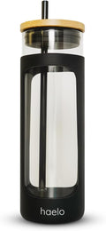 haelo 20oz Glass Tumbler Water Bottle, Iced Coffee Cup with Straw, Silicone Protective Sleeve, Bamboo Lid Reusable BPA Free (Black)