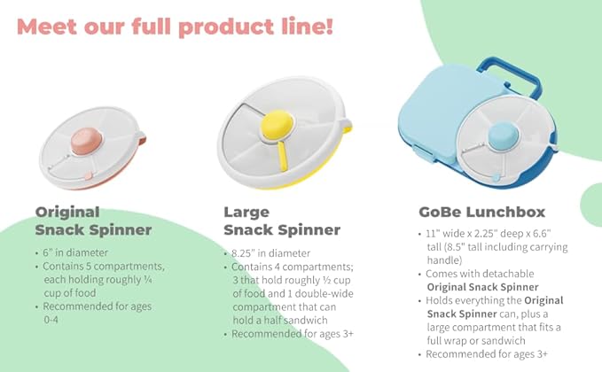 GoBe Kids Original Snack Spinner Bundle with Hand Strap and Sticker Sheet - Reusable Snack Container with 5 Compartment Dispenser and Lid | BPA and PVC Free | Dishwasher Safe | No Spill, Leakproof
