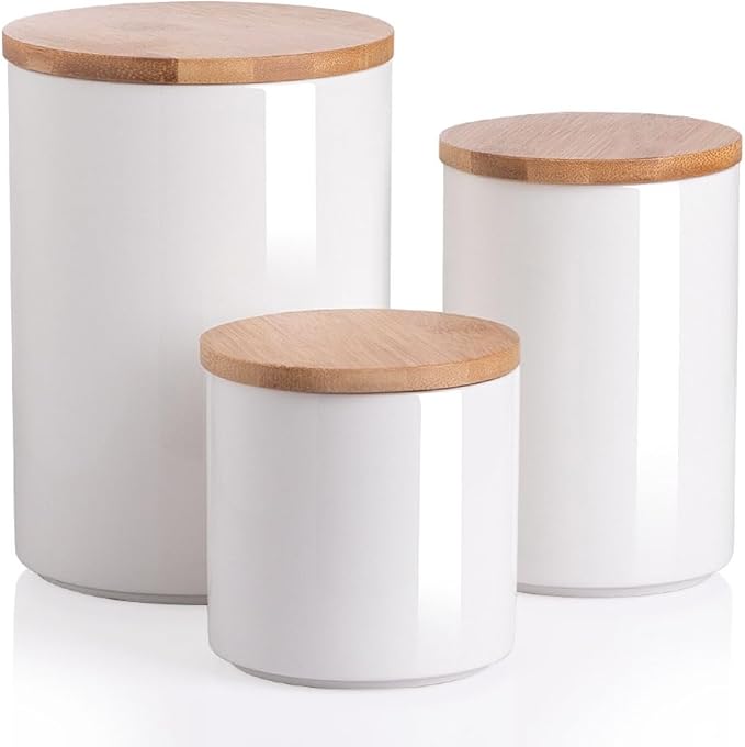 Sweejar Ceramic canisters for kitchen counter,Stackable Food Containers Set with Airtight Seal Bamboo Lid for Serving Ground Coffee, Tea, Spice, Flour and Sugar-Set of 3 (White)