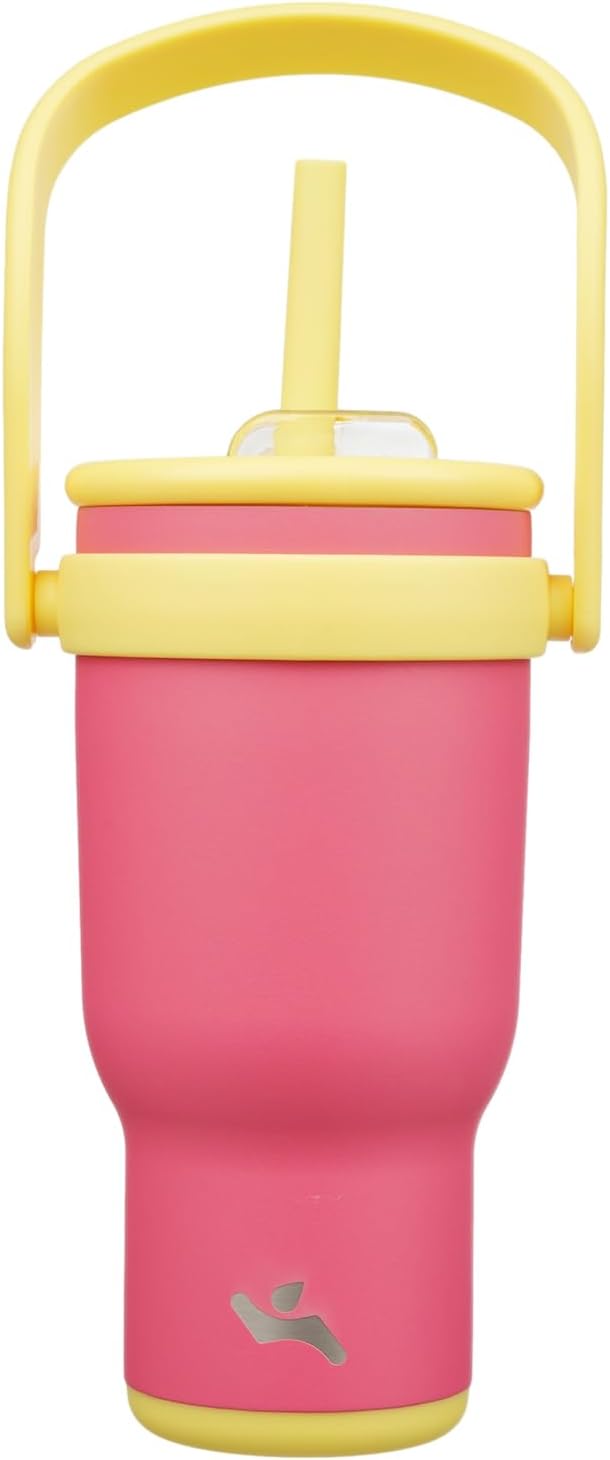 30 oz Tumbler with Side Handle, Insulated Water Bottle with Straw and 2 in 1 Lid, Stainless Steel Cup Travel Coffee Mug for Sports Office Gym,Rose Pink
