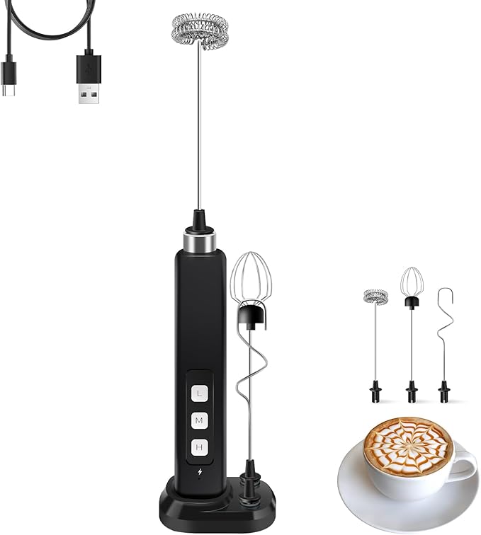 Rechargeable Milk Frother Handheld with 3 Detachable Stainless Whisks, 3 Speed Adjustable Drink Mixer, Mini Frother Wand for Coffee, Matcha, Protein Shakes, with Charging Base and Whisk Storage
