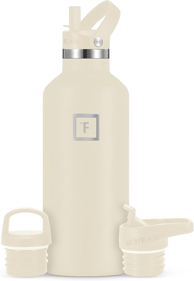 IRON °FLASK Camping & Hiking Hydration Canteens - 3 Lids (Narrow Straw Lid) Leak Proof Vacuum Insulated Stainless Steel - Hot & Cold Double Walled Sports Water Bottle - Cashmere Cream, 32 Oz