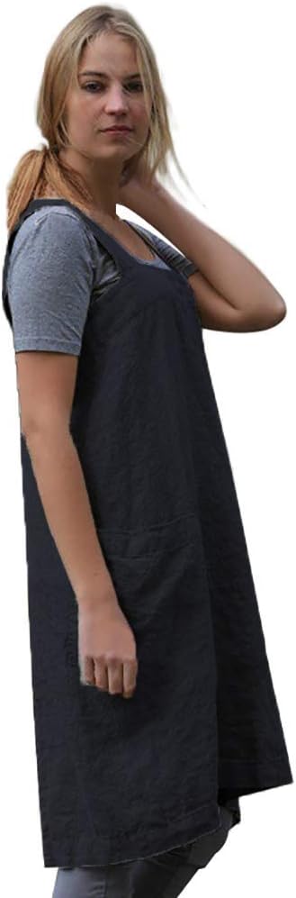 Women's Pinafore Square Apron Baking Cooking Gardening Works Cross Back Cotton/Linen Blend Dress with 2 Pockets