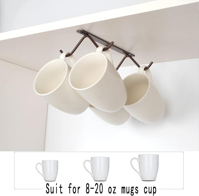Cabinet Hook Mug Holder - Hanging Coffee Cup Rack for Kitchen, Under Cabinets Metal Hangers Organizer Shelf Storage Utensil (Brown)