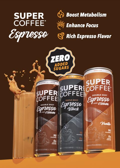 SUPER COFFEE Espresso, Iced Keto Coffee (0g Added Sugar, 10 Calories) [Triple Shot Black] 11 Fl Oz, 12 Pack | Cold Brew, Smart Coffee Drinks - SoyFree GlutenFree