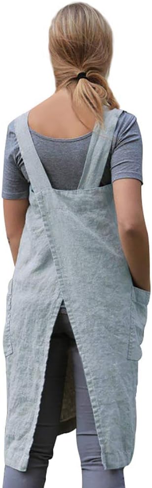 Women's Pinafore Square Apron Baking Cooking Gardening Works Cross Back Cotton/Linen Blend Dress with 2 Pockets