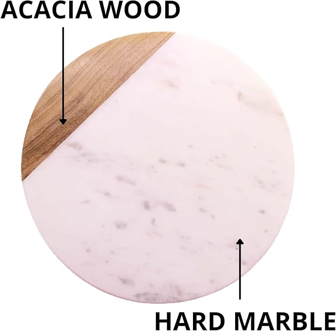 White Marble Board - Cheese Board | Acacia Wooden Serving Tray For Charcuterie, Cheese, Meats, Fruit, Crackers | Cutting Board, Serving Tray, Round Slab 10 Inches.