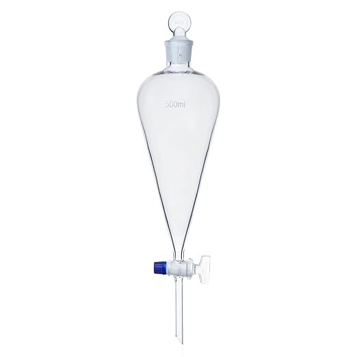 Conical Separatory Funnel with Pear Shape, Vol.500ml, 3.3 Borosilicate Glass Material, Ground-in Glass Stopper and Stopcock, SFG500-001