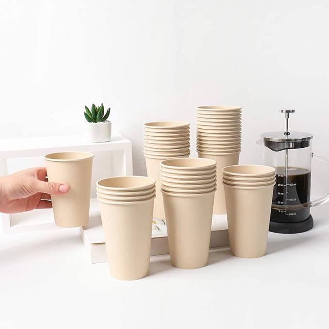 Bamboo Fiber 120 Count 16 oz Disposable Light Brown Paper Coffee Cups, Perfect for Hot Drinks