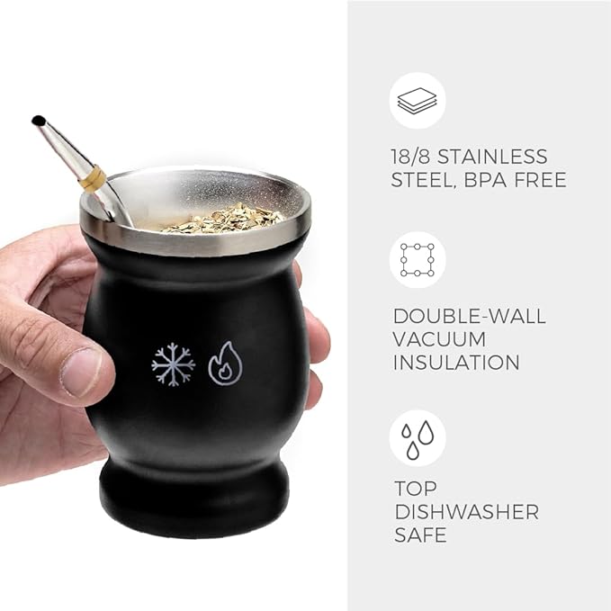 BALIBETOV Stainless Steel Double-Wall Mate Cup And Bombilla Set - Yerba Mate set Includes One Yerba Mate Cup, 2 Bombillas Mate (Straw) & Brush - Easy to Clean (Black)