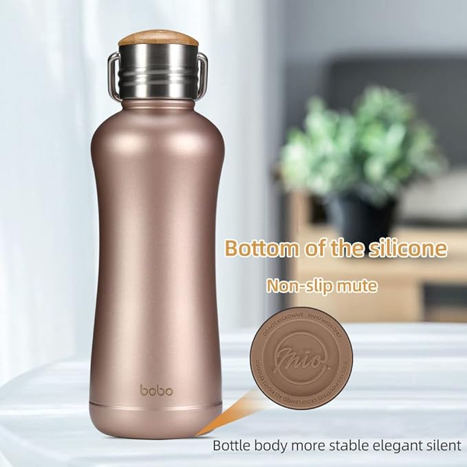 YOHKOH Mini Vacuum Insulated Water Bottle With Bamboo Lid - Stainless Steel Thermos Water Bottle for Women Girls Kids, Metal Sports Hot and Cold Water Bottle Leak-Proof BPA-Free (11.8oz,Gold)