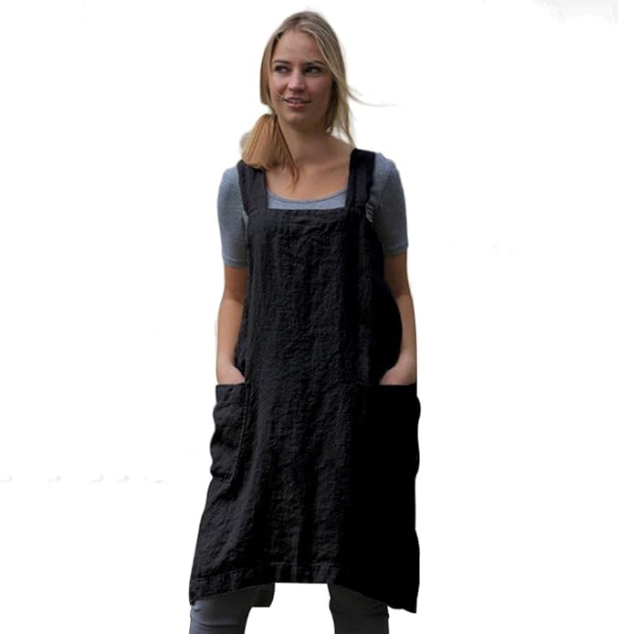 Women's Pinafore Square Apron Baking Cooking Gardening Works Cross Back Cotton/Linen Blend Dress with 2 Pockets