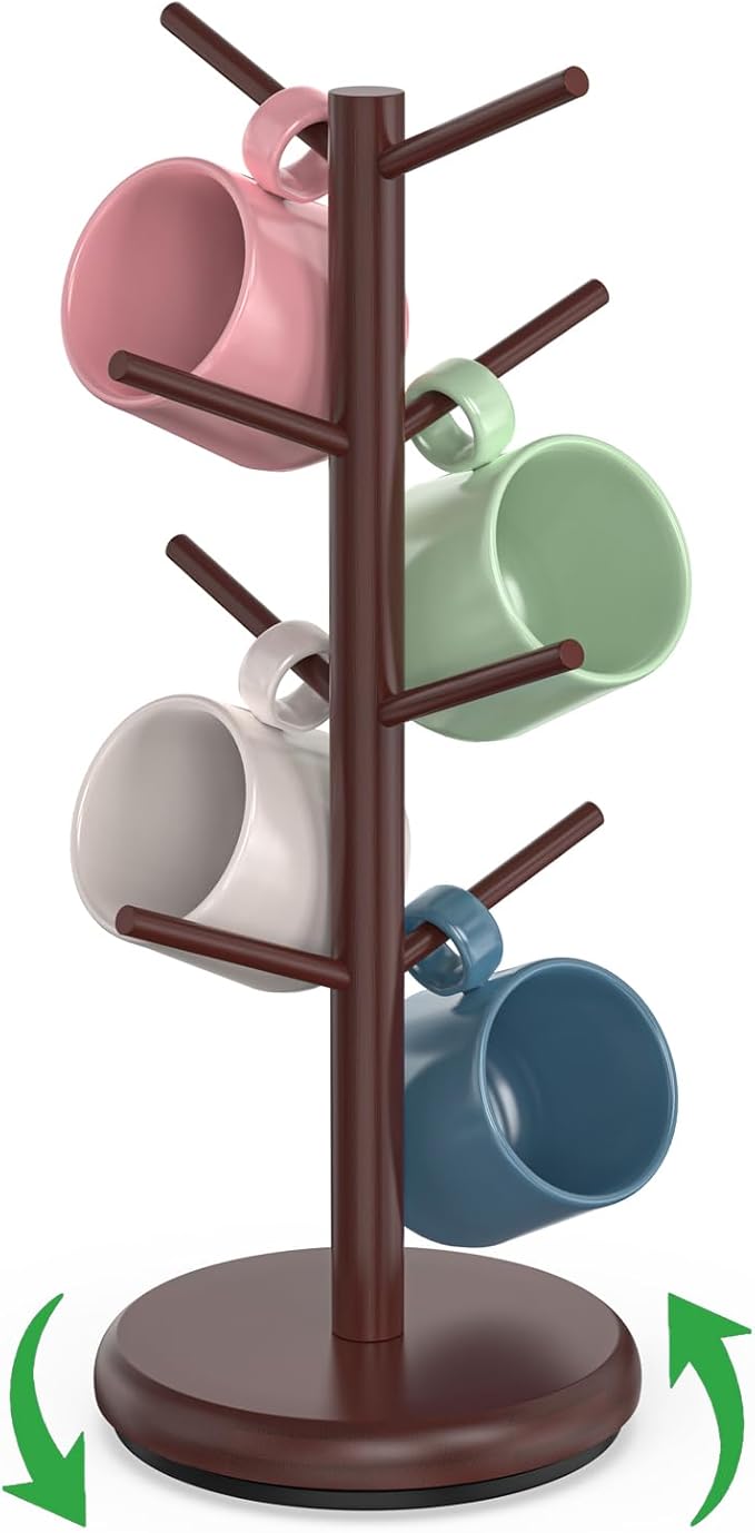 BAMBANG Mug Holder Tree, 360° Rotating 8 Hooks Coffee Cup Holder for Counter, Bamboo Coffee Mug Rack Standing for Kitchen Countertop Home, Espresso