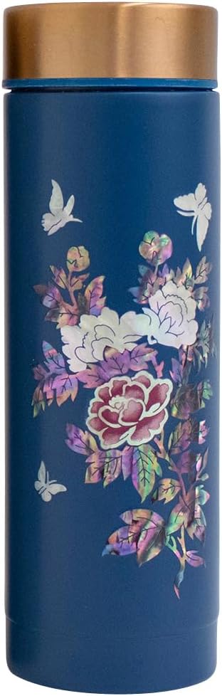 Mother of Pearl Design Stainless Steel Water Bottle 10.1 oz Leakproof Screw Cap Wide Mouth Double Wall Vacuum Insulated Travel Sport Water Flask Thermo Mug (Peony Blue)
