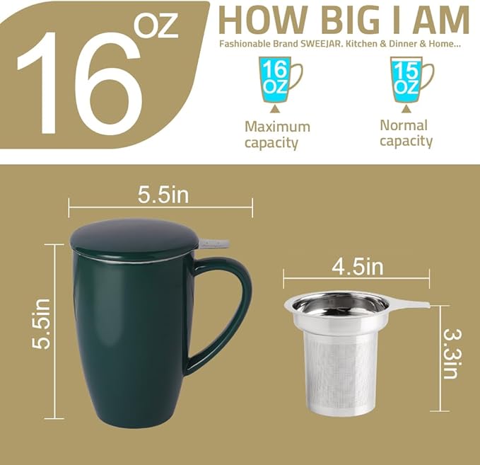 Sweejar Porcelain Tea Infuser Cup with Lid, 16 oz Tea Cup with Strainers for Loose Leaf Tea, Microwave and Dishwasher Safe Coffee Mug, Tea Steeping Mug for Tea Drinkers,Christmas Gift (Navy)
