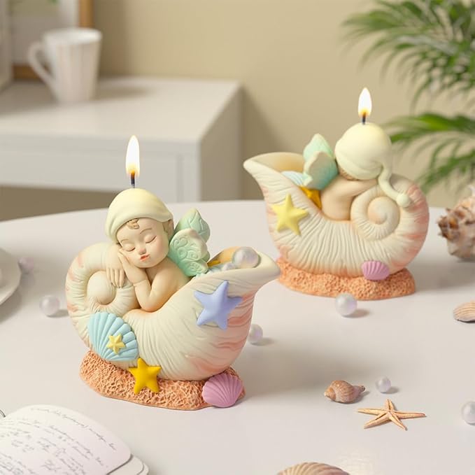 Fantasy Angel Conchs Shell Candle Silicone Mold – Cute Kawaii Seashell Sleeping Fairy Baby Epoxy Resin Mold for Aromatherapy Candle Making, DIY Crafts, Soap, Wax, Clay Desktop Decor