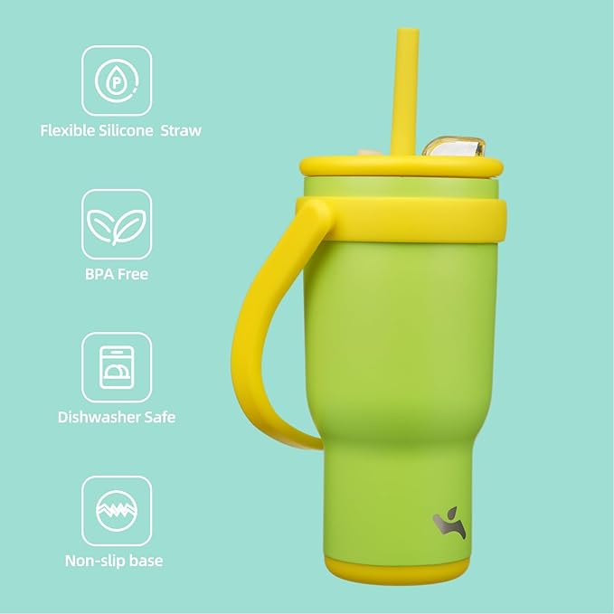 30 oz Tumbler with Side Handle, Insulated Water Bottle with Straw and 2 in 1 Lid, Stainless Steel Cup Travel Coffee Mug for Sports Office Gym,Lime