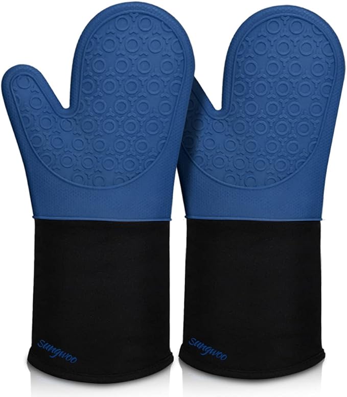 sungwoo Extra Long Silicone Oven Mitts, Heat Resistant Oven Gloves with Quilted Liner Non-Slip Textured Grip Perfect for BBQ, Baking, Cooking and Grilling - 1 Pair 14.6 Inch Royal Blue & Black