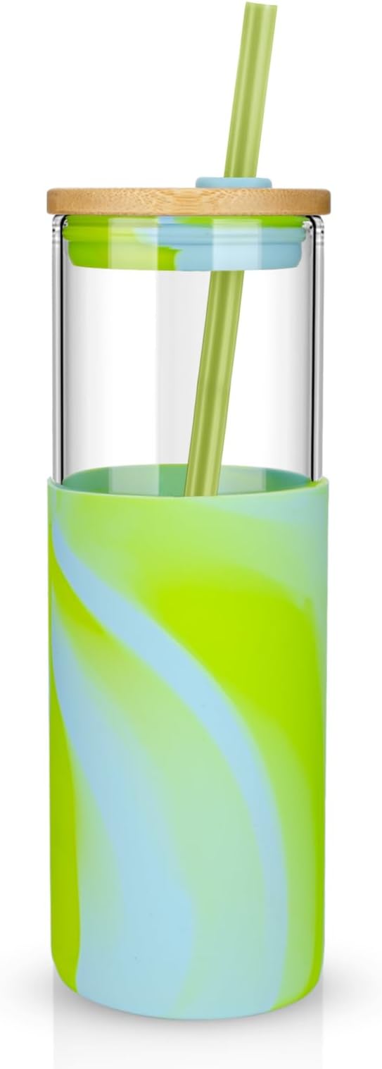 Tronco 24 oz Glass Tumbler with Straw and Lid - Glass Cup with Lid and Straw, Smoothie Cup, Iced Coffee Cup - Bamboo Lid and Protective Silicone Sleeve - BPA-Free