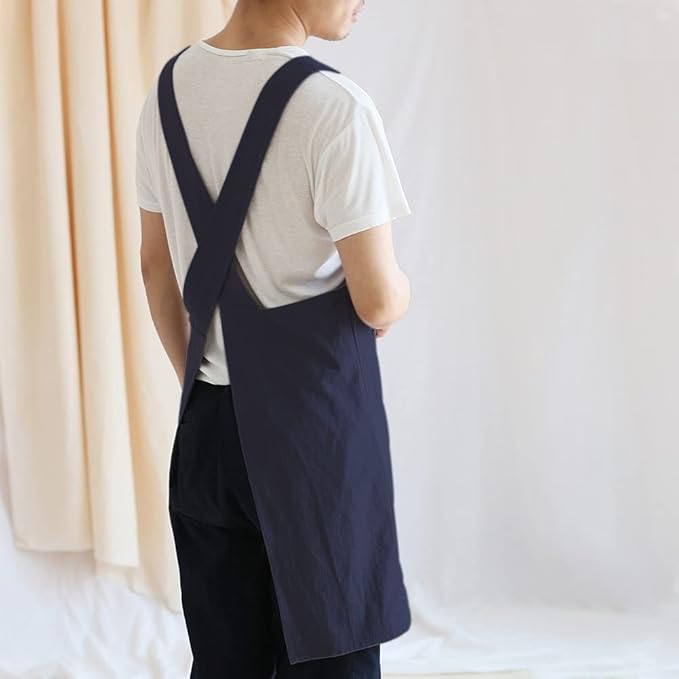 NEWGEM Japanese Linen Cross Back Cooking Aprons for Women Men with Pockets Cute for Baking Kitchen