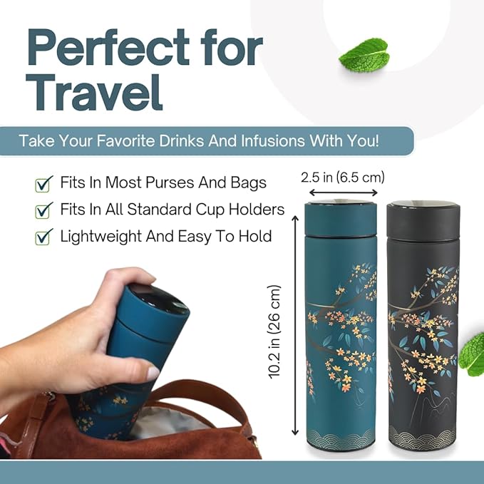 Farasi Tea Infuser for Loose Leaf Tea Smart Water Bottle with Fahrenheit Temperature Display, Stainless Steel, Insulated Coffee and Fruit Tea Infuser Bottle - Black Floral Tea Mug 15 oz