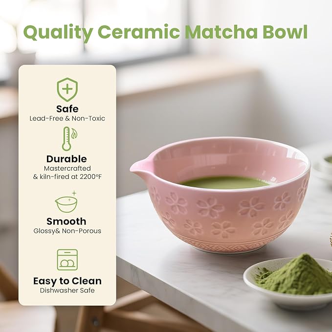 Matcha Whisk Set, Ceramic Matcha Set Includes Matcha Bowl, Whisk & Holder, Scoop, Sifter, Spoon, Scoop Rest, Tea Mat, Hand Book - 9 Pcs Kit for Matcha Lovers (Pink)