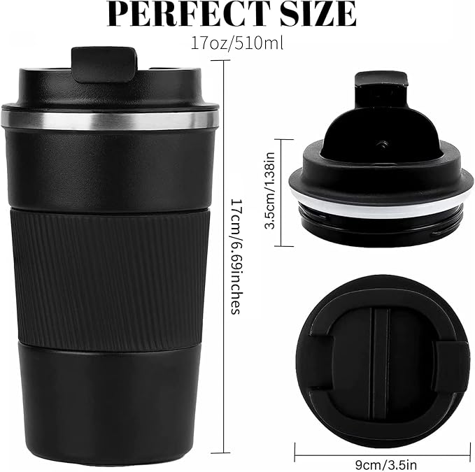 YINBAOGE Insulated Travel Coffee Mug Spill Proof Leak Proof Pobtable To Go Camping Stainless Steel Coffee Tumbler Reusable Coffee Cups with Lids Thermos for Hot and Cold Drink (Black, 17 OZ)