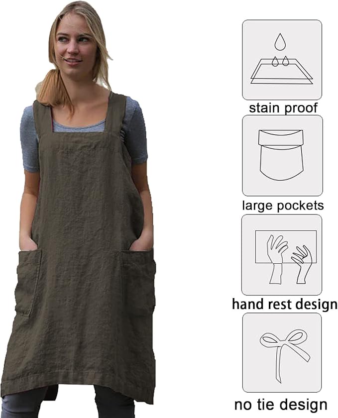 ZQFFB Pinafore Cross Back Apron for Women with Pockets Japanese Smock for Work Gardening Cooking Painting Baking