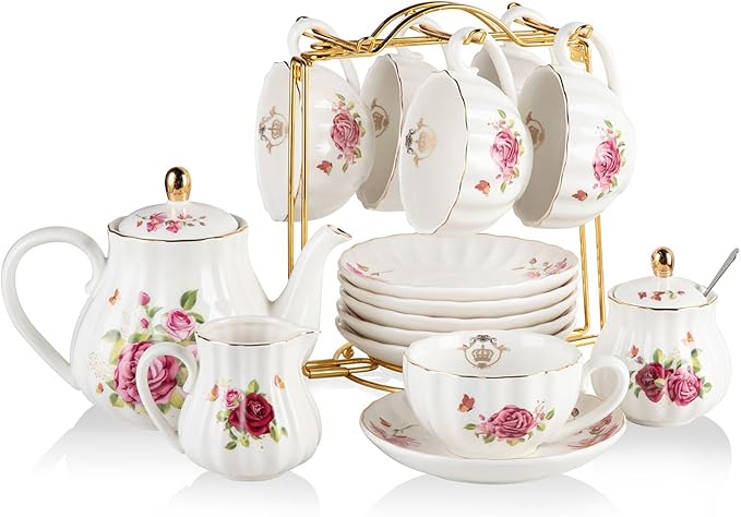 Porcelain Tea Sets British Royal Series, 8 OZ Cups & Saucer Service for 6, with Teapot Sugar Bowl Cream Pitcher Teaspoons and Tea Strainer, Suitable for High Tea, Wedding, Party (Midsummer Rose)