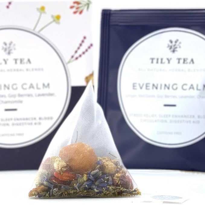 Tily Tea Evening Calm Herbal Tea - Nighttime Tea with Chamomile and Lavender - Caffeine Free - 10 Plastic-Free Teabags