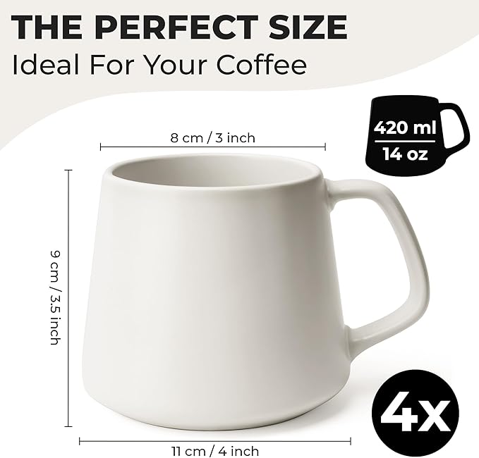 MIAMIO - Coffee Mugs Set of 4 / Large Ceramic Coffee Cups (14 oz) - Mug for Cappuccino, Tea, Espresso - Microwave and Dishwasher Safe - Luxe Collection (White Series)
