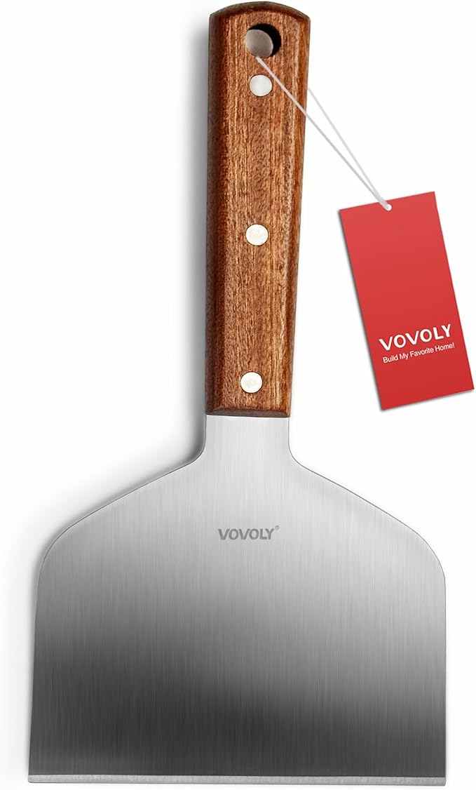 Vovoly Extra Wide Griddle Scraper, 5.5''x5.5'' Smashed Burger Scraper Grill Scraper Spatula Burger Turner - Full Tang Wooden Handle Professional Grade Grill Accessories, Knife Grade Stainless Steel