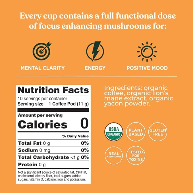 Four Sigmatic Mushroom Coffee K-Cups | Organic Dark Roast Coffee with Lion’s Mane Mushroom Powder & Yacon | Focus & Immune Support | Vegan & Keto | Sustainable Pods | 10 Count
