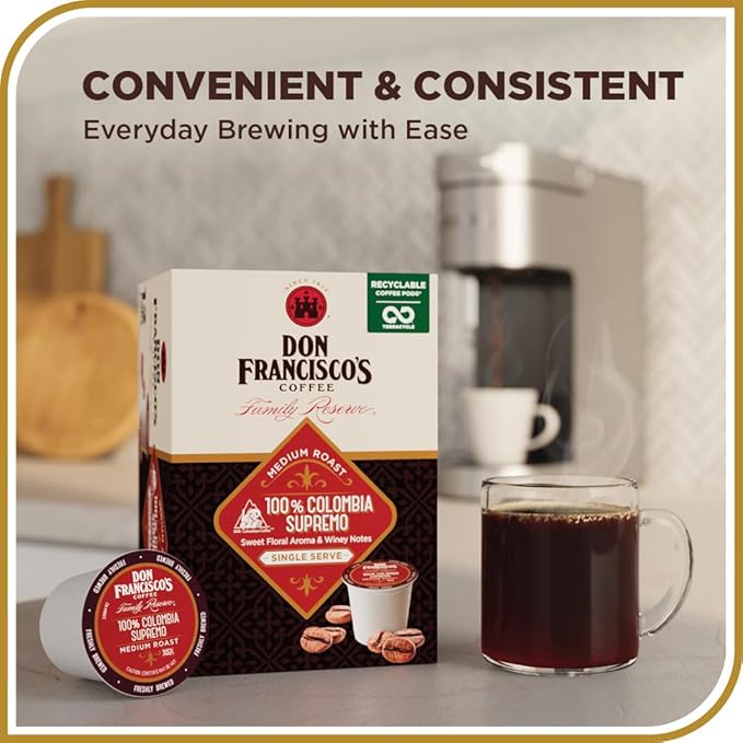 Don Francisco's Colombia Coffee - 24 K-Cup Compatible Single-Serve Pods - 100% Arabica - Recyclable through TerraCycle - Floral Aroma with Winey Notes - Compatible with Keurig Brewers
