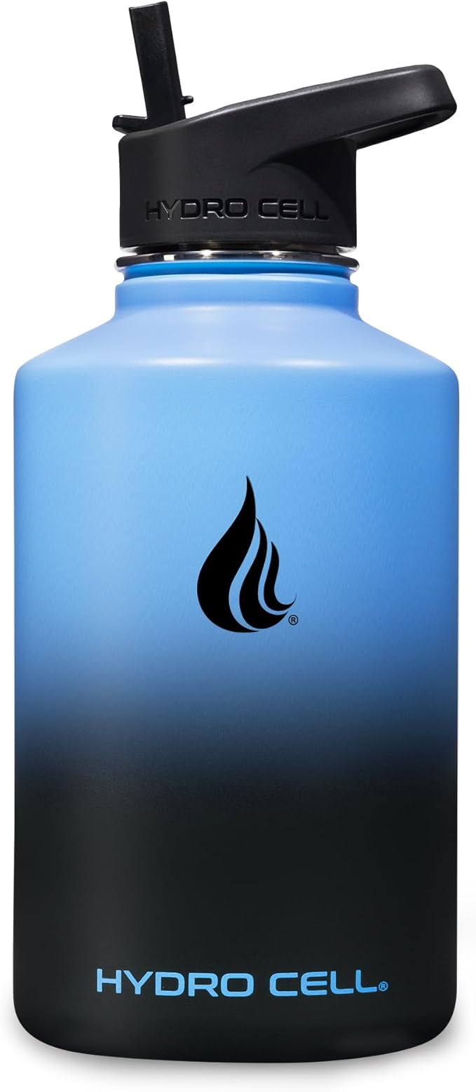 HYDRO CELL Stainless Steel Insulated Water Bottle with Straw - For Cold & Hot Drinks - Metal Vacuum Flask with Screw Cap and Modern Leakproof Sport Thermos for Adults (Blue/Black 64oz)